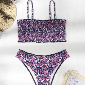 Shein pink purple smocked spaghetti strap wireless bra thong bikini swimsuit L